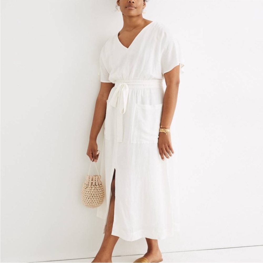 Madewell Linen-Blend Dolman-Sleeve Tie-Waist Midi Dress